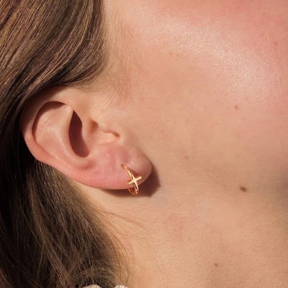 GOLD 14k Gold Plated Cross Huggie Hoop Earrings - Picture 1 of 2